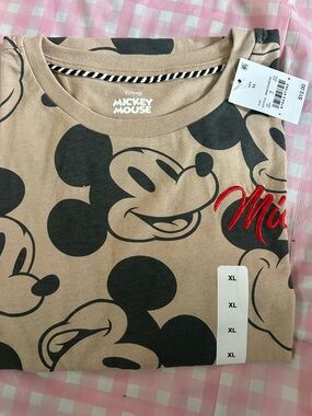 Disney Tan Graphic Tee with Black Mickey Faces and Red Accent